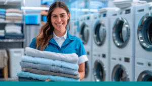 Lavar roupas em lavanderia profissional